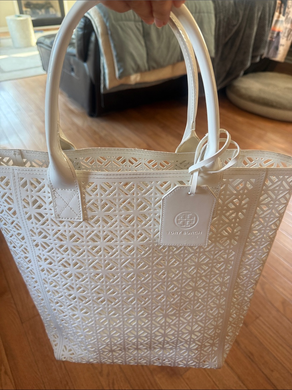 Tory Burch White Laser-Cut Leather Tote - Picture 6 of 6